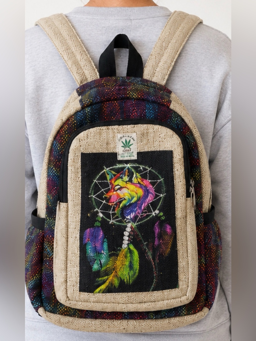 Himalayan Hemp Backpack Made in Nepal Boho Festival Wolf Dreamcatcher Bag